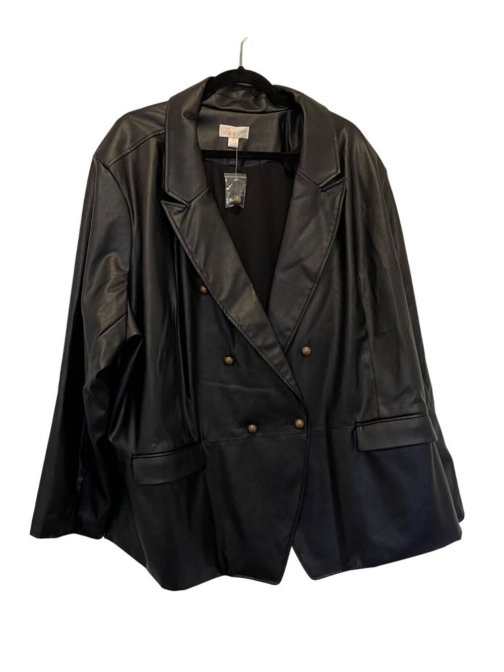 NWOT Belle By Kim Gravel Faux Leather Double-Breasted Blazer Jacket 5X Black